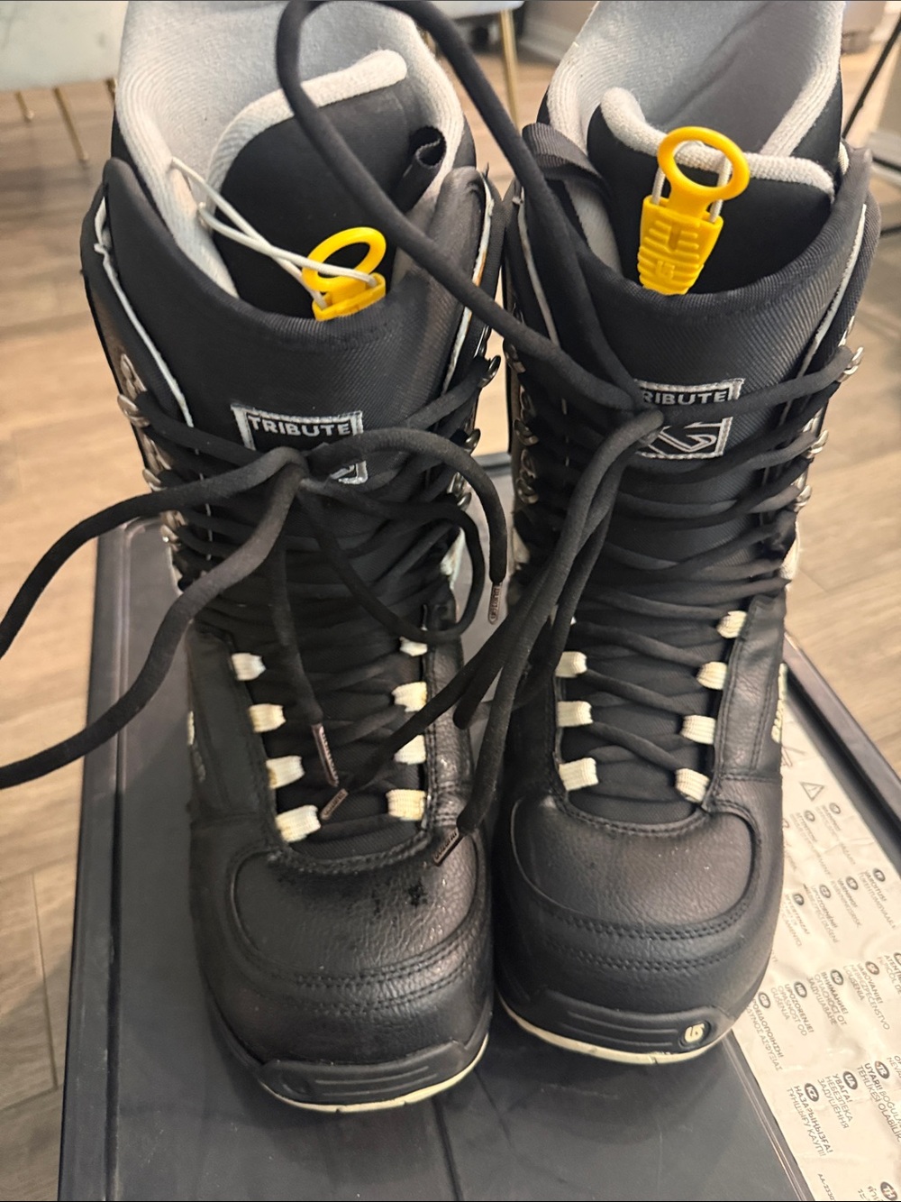 Burton Black and White Snowboard Boots with Yellow Pull Tabs